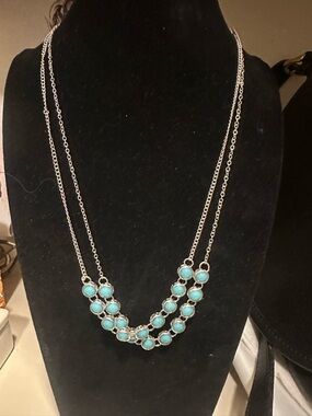 Turquoise Bead Double-Strand Necklace - Silver Tone